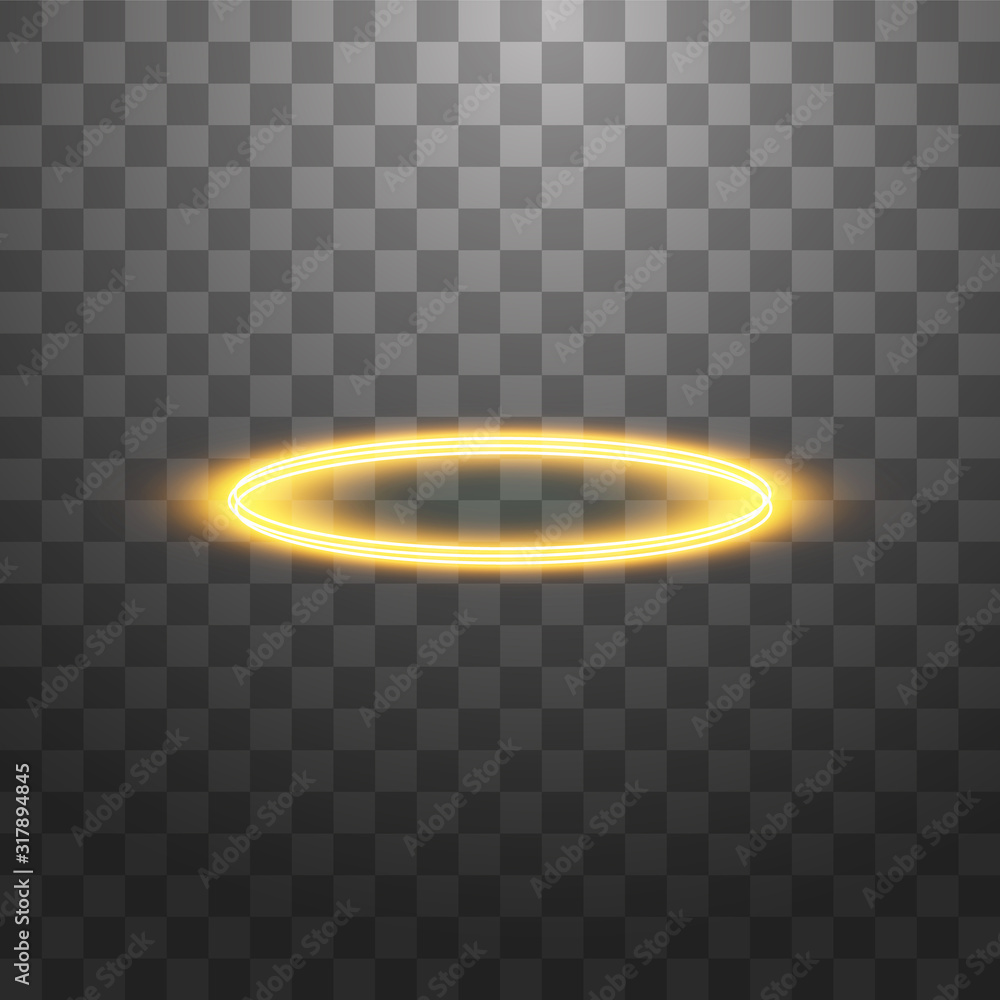 Golden halo angel ring. Isolated on black transparent background, vector illustration - obrazy, fototapety, plakaty 