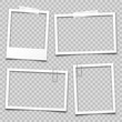 Realistic empty photo card frame, film set. Retro vintage photograph with transparent adhesive tape and paper clip. Digital snapshot image. Template or mockup for design. Vector illustration.