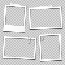 Realistic Empty Photo Card Frame, Film Set. Retro Vintage Photograph With Transparent Adhesive Tape And Paper Clip. Digital Snapshot Image. Template Or Mockup For Design. Vector Illustration.