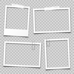 Wall Mural - Realistic empty photo card frame, film set. Retro vintage photograph with transparent adhesive tape and paper clip. Digital snapshot image. Template or mockup for design. Vector illustration.