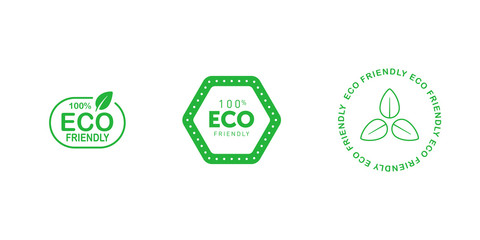 Set of various eco friendly 100 percent green badges with tree leaf. Design element for packaging design and promotional material. Vector illustration.