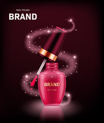 Realistic nail polish bottle with golden lid on black background. Cosmetic brand advertising concept design