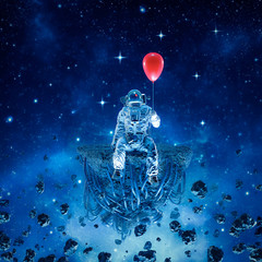 Wall Mural - party of one / 3d illustration of surreal science fiction scene with astronaut sitting on artificial
