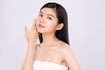 Portrait beautiful young asian woman clean fresh bare skin concept. Asian girl beauty face skincare and health wellness, Facial treatment, Perfect skin, Natural make up, on white background,two