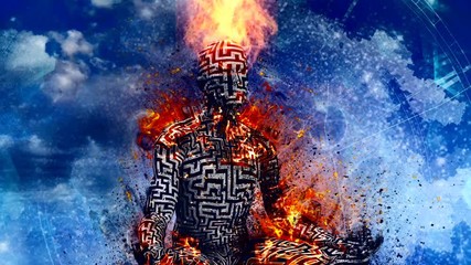 Sticker - Surrealism. Burning figure of man with maze pattern in lotus pose. Vivid universe on background