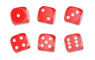 Set of six red poker playing dice with white dots, 3D illustration.