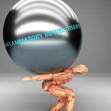 Inflammatory Bowel Disease As A Burden And Weight On Shoulders - Symbolized By Word Inflammatory Bowel Disease On A Steel Ball To Show Negative Aspect Of Inflammatory Bowel Disease, 3d Illustration