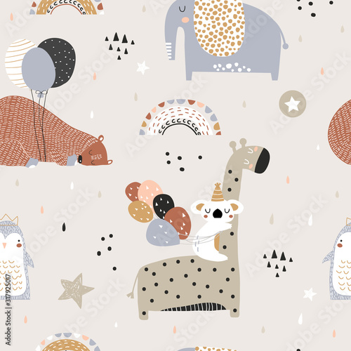 Fototapeta Seamless childish pattern with party animals