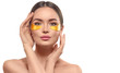 © Subbotina Anna - Woman with under eye collagen gold pads, beauty model girl face with healthy fresh skin. Skin care concept, anti-aging moisturizing eye mask, golden hydrogel patches, eye skin treatment, cosmetology