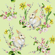 Hand-drawn seamless tileable pattern watercolor for Easter holiday with bunny, apple tree flowers, pussy-willow and daffodils. Rabbit bohemian style spring season illustration for textiles, decor.