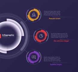 Vector infographic round chart template on a deep blue background. Three options