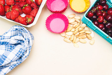 fresh almond and cheery on basket and strawberry