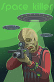 Fototapeta Konie - A space alien-killer with a weapon in his hands and an optical sight that points at the movement, he looks at the victim and executes the order