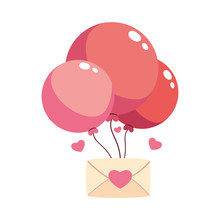 Envelope With Helium Balloons In White Background, Valentines Day Card