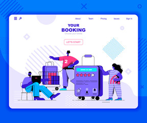 Poster - Booking landing page vector template. Ordering boarding tickets website header UI layout with flat illustration. Tourism agency, departure for vacation web banner flat concept