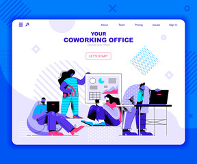 Poster - Coworking office landing page vector template. Freelance startup team website header UI layout with flat illustration. Professional meeting in workplace web banner flat concept