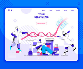 Poster - Medicine landing page vector template. Emergency health care aid website header UI layout with flat illustration. Medicaments and prescription laboratory web banner flat concept