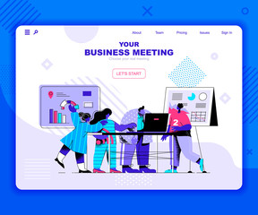 Poster - Business meeting landing page vector template. Workshop for entrepreneurs website header UI layout with flat illustration. Business people cooperation web banner flat concept