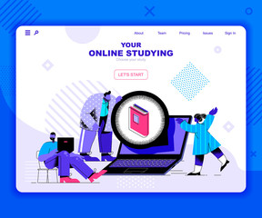 Poster - Online studying landing page vector template. Modern university course website header UI layout with flat illustration. Teaching lectures and lessons web banner flat concept