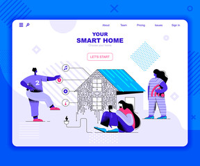 Poster - Smart home landing page vector template. Automated house control system website header UI layout with flat illustration. Wireless controller on tablet display web banner flat concept