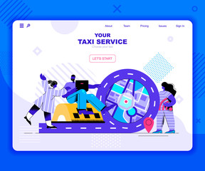Poster - Taxi service landing page vector template. Urban transport call website header UI layout with flat illustration. Fast trip on car, journey destination web banner flat concept