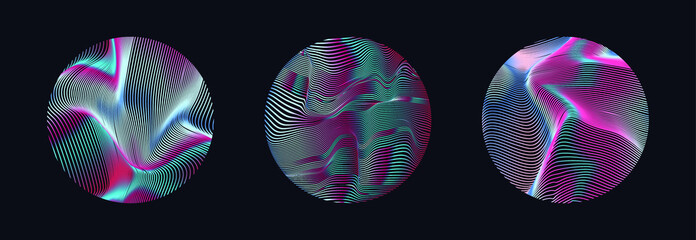 Aufkleber - Illuminated holographic circle with glitched texture, wavy lines. Retrofuturistic illustration in 80s-90s Vaporwave, synthwave, retrowave style.