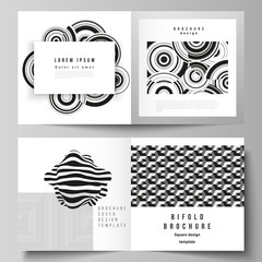 The vector layout of two covers templates for square design bifold brochure, magazine, flyer, booklet. Trendy geometric abstract background in minimalistic flat style with dynamic composition.