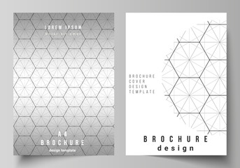 Vector layout of A4 format cover mockups design templates for brochure, flyer. Digital technology and big data concept with hexagons, connecting dots and lines, polygonal science medical background.