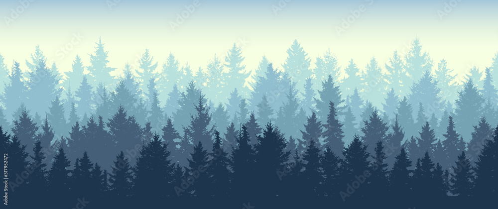 Seamless coniferous winter forest background. Nature, landscape. Pine, spruce, christmas tree. Fog evergreen coniferous trees. Silhouette vector illustration - obrazy, fototapety, plakaty 