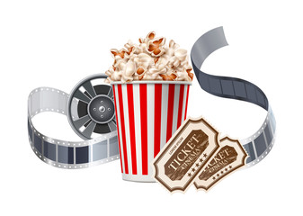 Vector movie cinema poster popcorn tape tickers