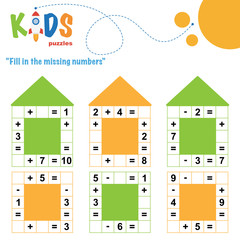 Wall Mural - Fill in the missing numbers. Easy colorful math crossword puzzles for preschool, elementary and middle school kids.
