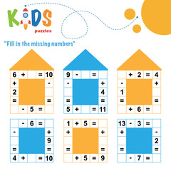 Wall Mural - fill in the missing numbers. easy colorful math crossword puzzles for preschool, elementary and midd