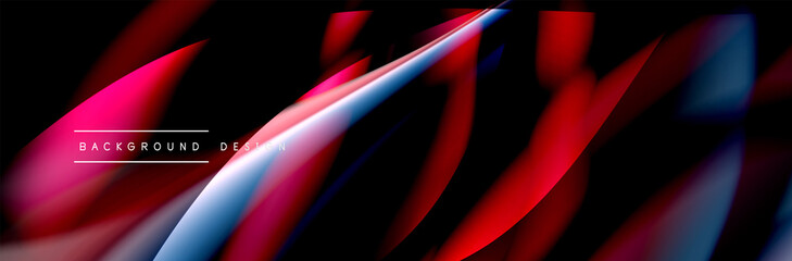 Сolorful flow poster. Wave liquid lines and shapes in black color background. Vector Illustration