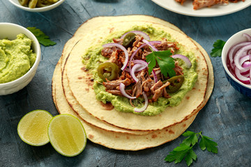 Poster - Mexican Corn tortilla with shredded Pork, avocado, red onion and jalapeno