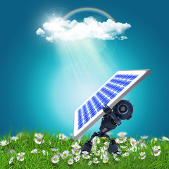 Poster - 3D robot holding a solar panel on a grassy landscape