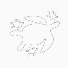 Sticker - Turtles family swim on sea, animal line drawing vector illustration