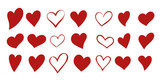 Fototapeta Tematy - Set of 21 different simple red hearts isolated on white for Valentines day card or t-shirt design. Hand drawn style. Vector illustration.