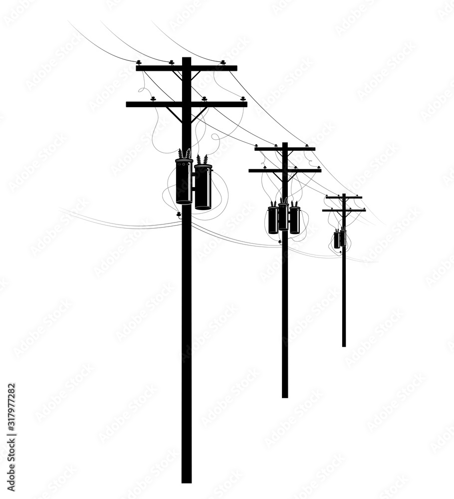 Power supply of residential buildings. A row of pillars on the street. Transformers and wires on poles. U.S. street. - obrazy, fototapety, plakaty 