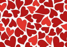 Seamless Pattern Of Simple Red Hearts Isolated On White For Wrapping Paper Or Fabric. Hand Drawn Style. Vector Illustration.