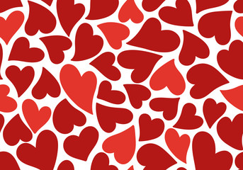 Seamless pattern of simple red hearts isolated on white for wrapping paper or fabric. Hand drawn style. Vector illustration.