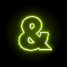 Green Neon Ampersand With Glow On Black Background. Blur Effect Is Made With Mesh. Vector Illustration