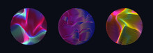 Illuminated Holographic Circle With Glitched Texture, Wavy Lines. Retrofuturistic Illustration In 80s-90s Vaporwave, Synthwave, Retrowave Style.