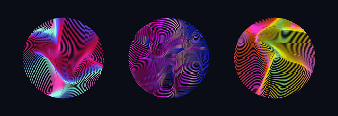 Poster - Illuminated holographic circle with glitched texture, wavy lines. Retrofuturistic illustration in 80s-90s Vaporwave, synthwave, retrowave style.
