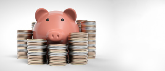 Piggy bank with coins money cash isolated on white background. Icon piggy bank, concept of saving money. 3D Rendering. Pig money box icon.