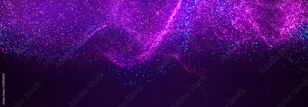 Bright purple bokeh lights abstract background. Flying violet particles or dust. Vivid lightning. Merry christmas design. Blurred light dots. Can use as cover, banner, postcard, flyer. - obrazy, fototapety, plakaty 