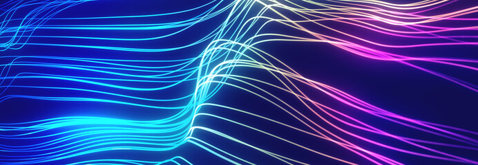 Wall Mural - bright wavy background. glowing dots and lines. neon light. wave element for design. smooth particle