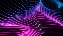 Bright Wavy Background. Glowing Dots And Lines. Neon Light. Wave Element For Design. Smooth Particle Waves. Dynamic Techno Wallpaper.Violet And Blue Colors