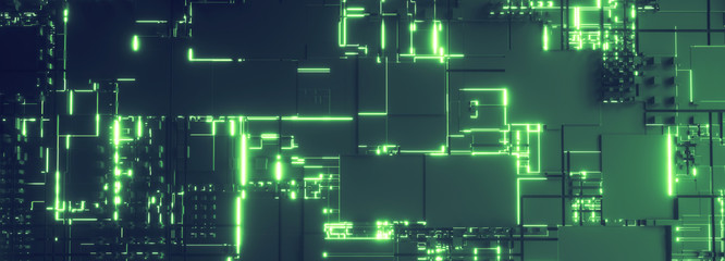 Abstract green technology background. Futuristic digital motherboard texture. Neon light