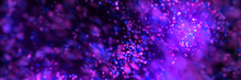 Bright Purple Bokeh Lights Abstract Background. Flying Violet Particles Or Dust. Vivid Lightning. Merry Christmas Design. Blurred Light Dots. Can Use As Cover, Banner, Postcard, Flyer.
