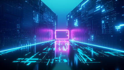 Wall Mural - futuristic interior. violet and blue glowing neon. technology concept art. abstract cybernetic patte